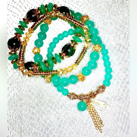 TOEJAMS Toe Rings by Michelle Lyn Jewelry - FRIENDSHIP BRACELETS 4 Strands Tan Crystal and Aqua Stone Stretchy TAYLOR SWIFT